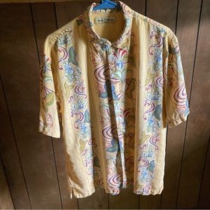 Tommy Bahama Silk Hawaiian Shirt Mens M Yellow Floral Print Tropical Multicolor